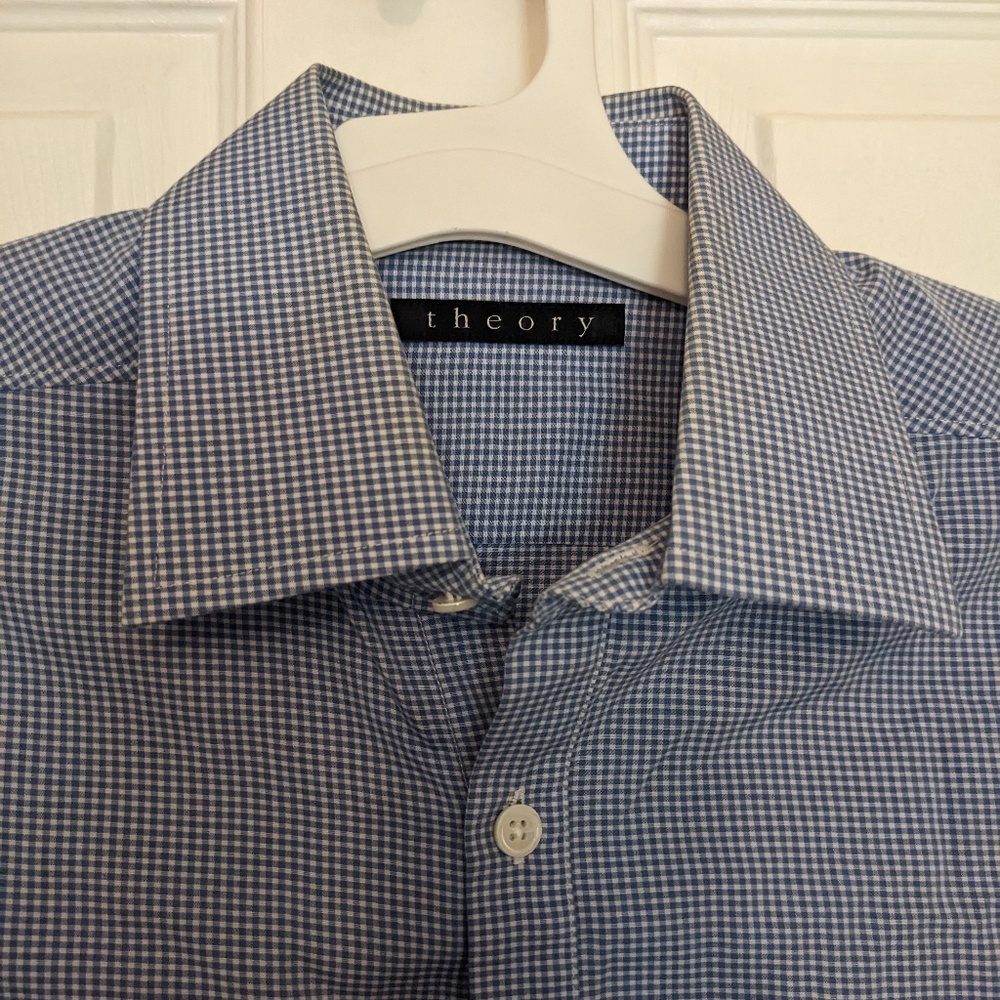 Theory Blue Checked Button Down Shirt men's size 14.5"